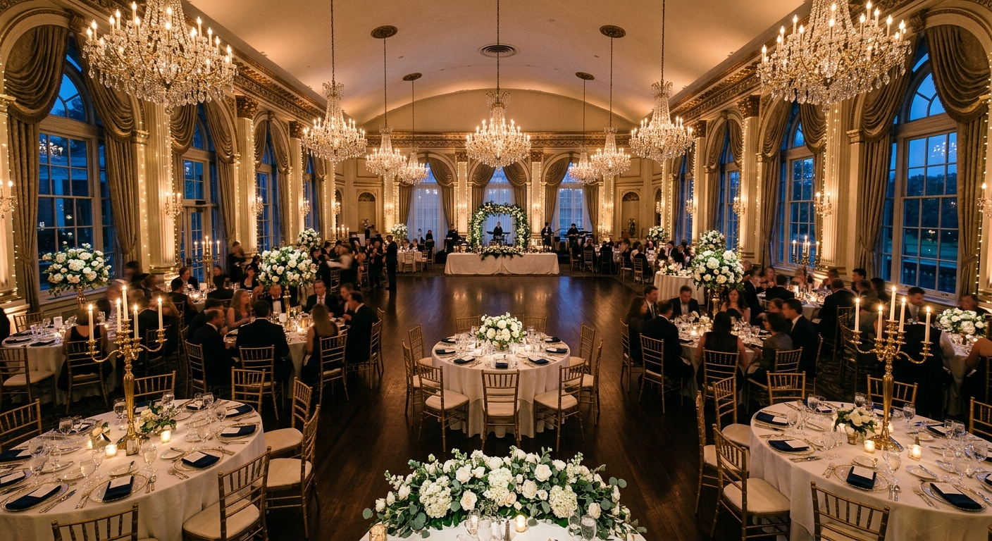 Salon de banquetes de lujo con mesas decoradas elegantemente, candelabros de cristal y flores