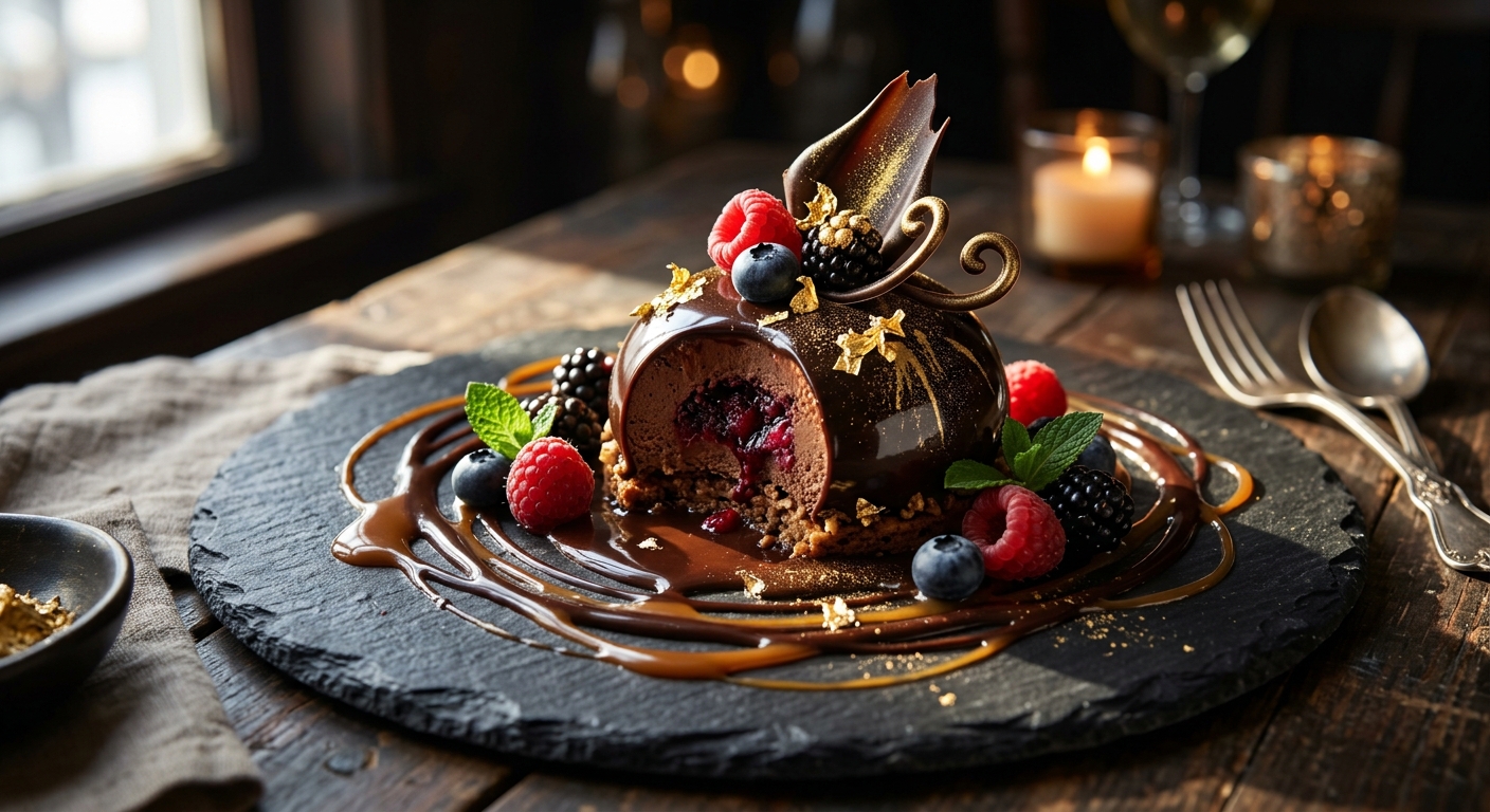 Postre artesanal gourmet con chocolate, decoracion de oro comestible y frutos rojos sobre plato de pizarra