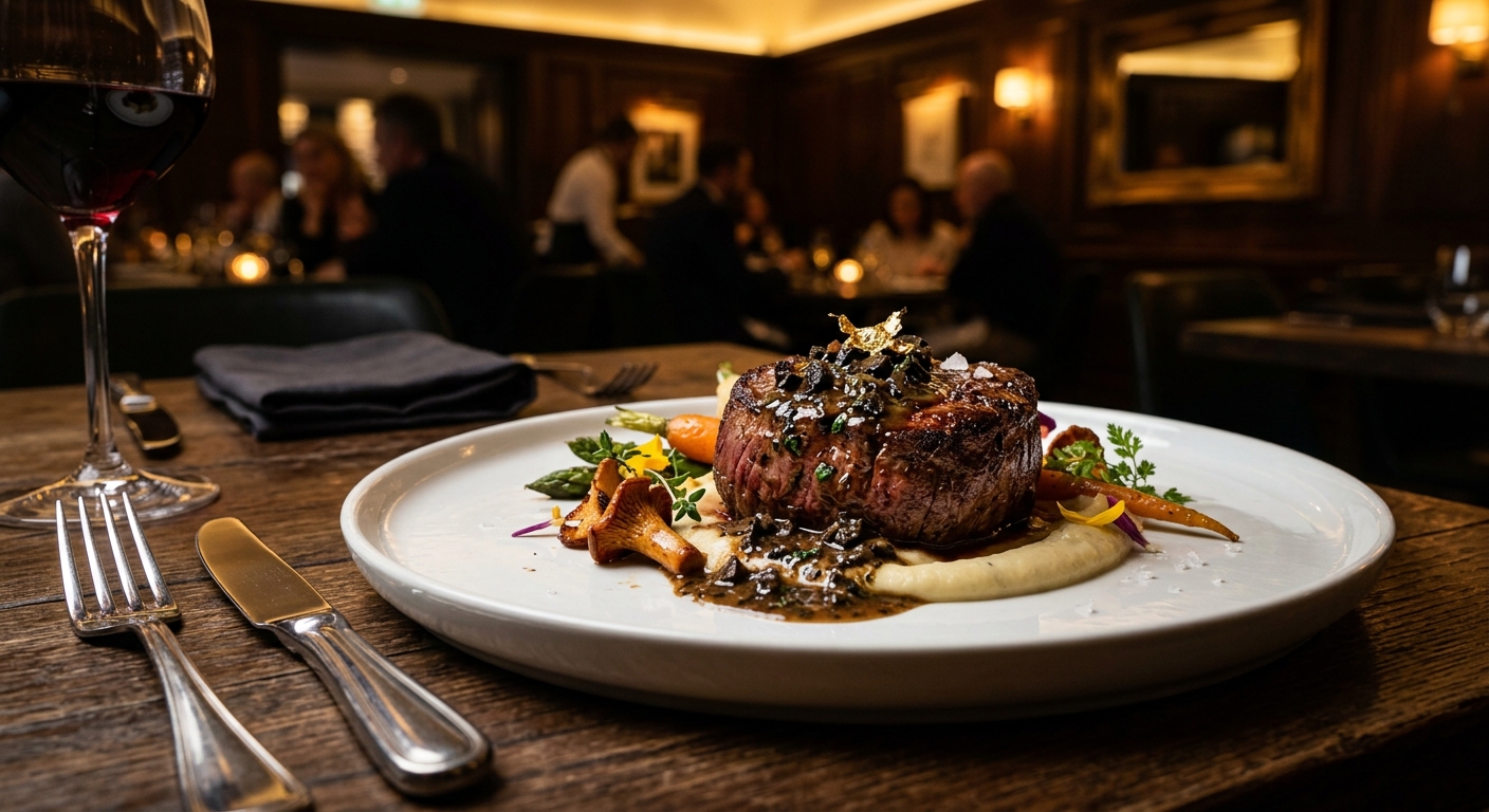 Platillo gourmet elegante con filet mignon en plato de porcelana blanca, iluminacion dramatica